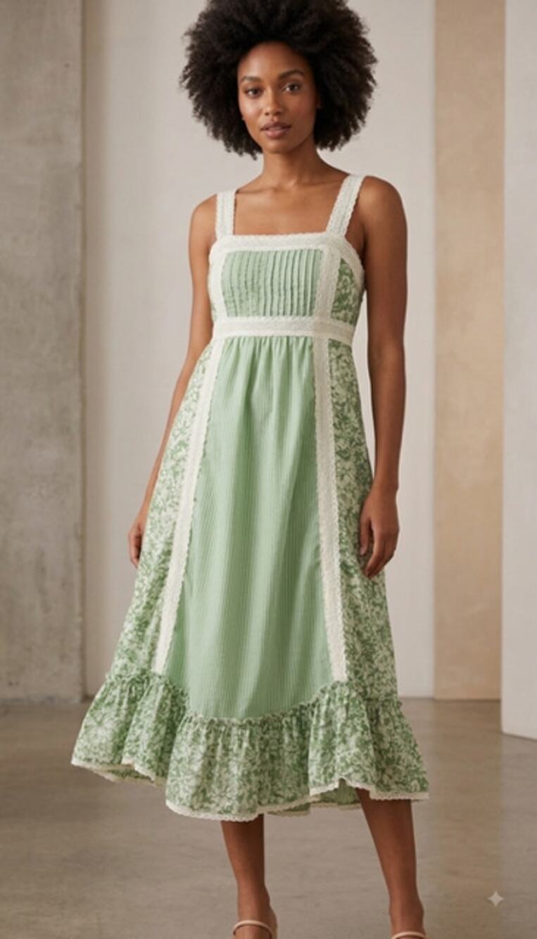 Calvin Klein Jeans Green Floral Stripe Patchwork Cottagecore Lace Sundress Sz L